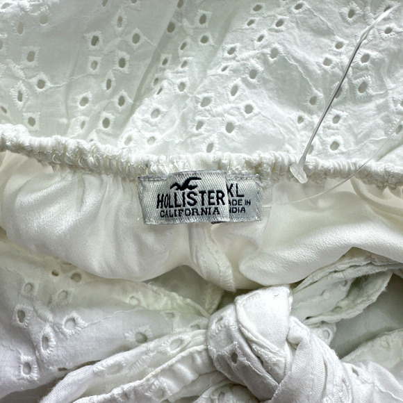 Hollister Mini Dress XL White Eyelet Coastal Fairycore Summer Ruffle‎ Tie Back - Picture 2 of 10